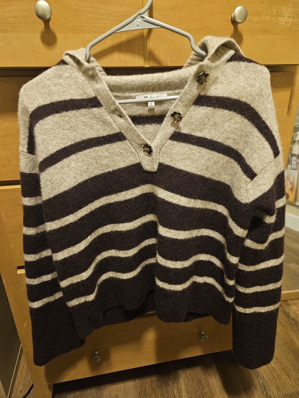 H&M Striped Hooded Button-Detail  Sweater - Cream & Dark Brown - Medium
